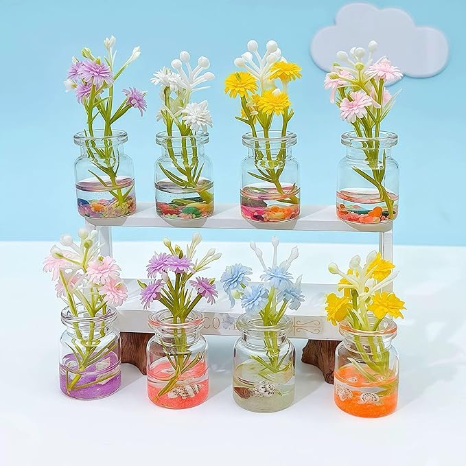 3 Pcs Random Daisy Miniature Glass Flower Vases – Handmade Transparent Luminous 3D Shell Bottle Ornaments for 1:6/1:8 Scale Dollhouse, Fairy Garden, DIY Crafts,Car & Tabletop Decorations (2.3x0.8in)