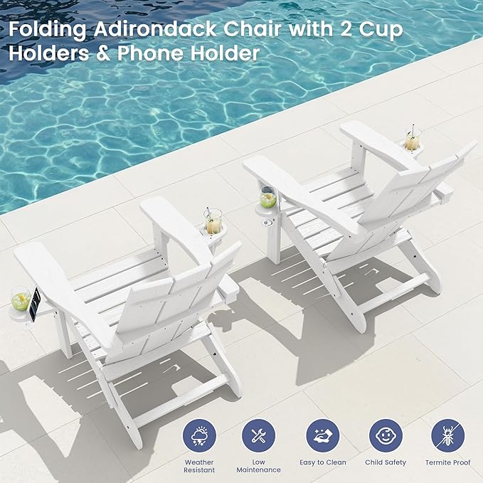 SERWALL Modern Folding Adirondack Chair with Cup Holders, All Weather Resistant Outdoor Adirondack Chair, HDPE Fire Pit Chair for Patio Lawn Graden, White