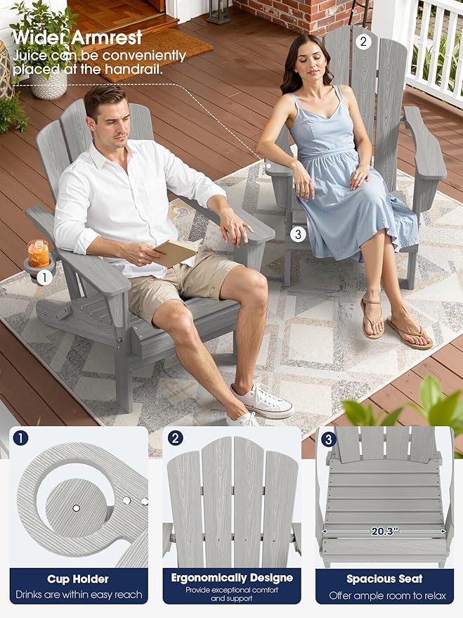 KINGYES Folding Adirondack Chair Set of 6, HDPE All-Weather Patio Chairs with Cup Holder, Wooden Textured Fire Pit Chairs for Poolside, Backyard, Deck, Silver Grey