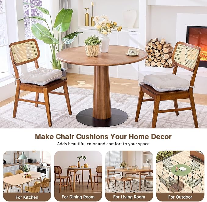 BETU Chair Cushions for Dining Chairs Set of 2,3.5" Thick Kitchen Table Chair Pads with Ties,Non Slip Backing and Covers, Seat Cushion for Dining Room,Bar,Patio Chairs,16"X16"X3.5",Beige