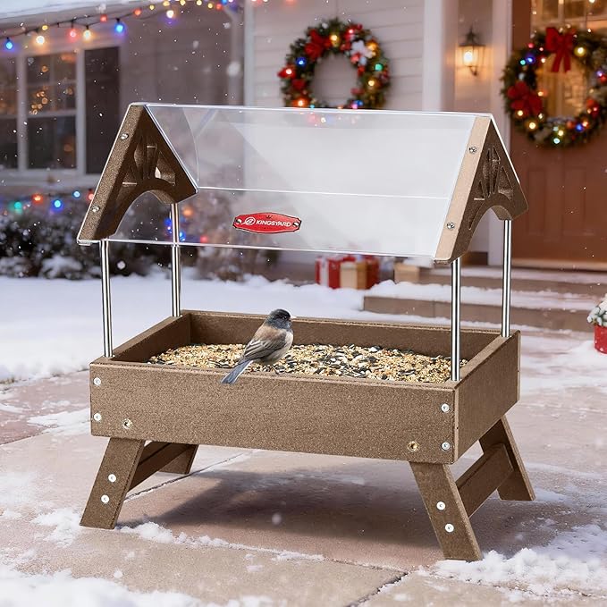 Kingsyard Ground Bird Feeder for Outdoors - Recycled Plastic Platform Feeder for Wild Birds, Rainproof Squirrel Feeders, 5 LBS Large Capacity, Brown