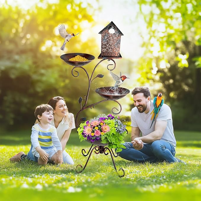 HONGLAND Bird Bath for Outside, 37" Antique Brass Metal Bird Bath Outdoors with Solar Lights, 4-in-1 Rust-Resistant Bird Feeder and House Combo, Detachable Flower Pots for Garden Yard Patio Decor