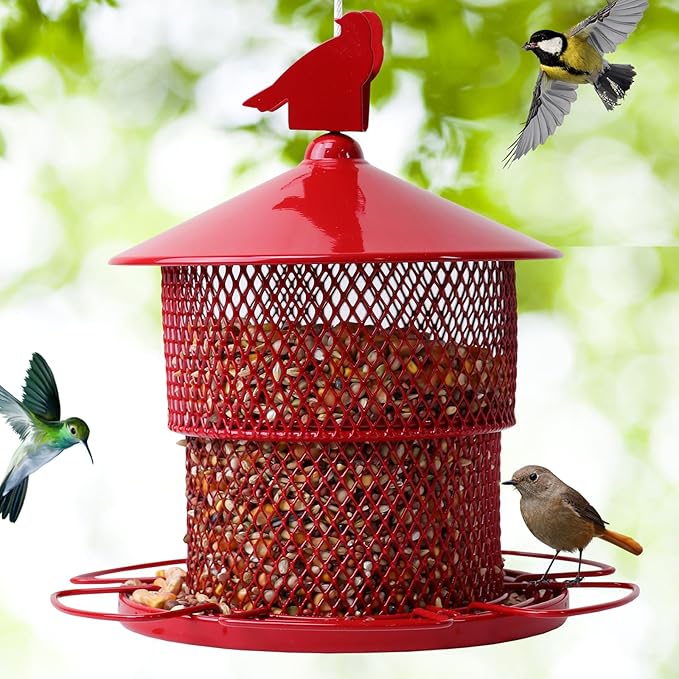 Metal Bird Feeder for Outside Hanging, Bird Feeders Squirrel Proof, 4 Lbs Large Capacity Tube Iron Mesh Wild Birdfeeder for Outdoor Finch Cardinal Chickadees Blue Jay -Red