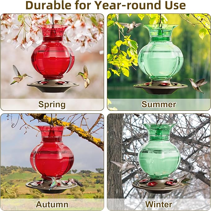 Auslar Hummingbird Feeder, Green Glass Hummingbird Feeder for Outdoors Hanging with Ant Moat, 5 Simulation Flowers Feeding Ports, 23 Ounces, Rustproof, Fade Proof, Pomegranate Shape