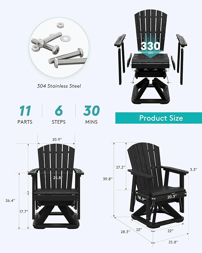 SERWALL Adirondack Swivel Glider Chair, HDPE Glider Set of 2 for Outdoor, All-Weather Glider Chair for Porch, Balcony, Midnight Black