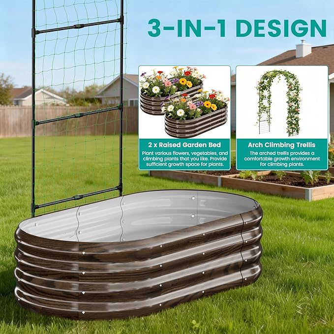 SUNYRISY Galvanized Raised Garden Bed with 87" H Arch Trellis for Climbing Plants Outdoor, Metal Planter Box with Netting for Gardening Flowers Vegetables Fruit Herb, Wood Grain