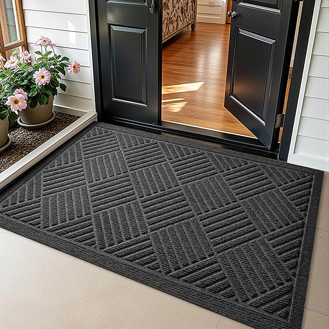 PLEASOR Front Door Mat Outside Entrance, Dirt Resistant and Absorbent Welcome Door Mat Outdoor Indoor, Sturdy Non-Slip Backing Entry Mat, Fade Resistant, Low Profile Doormat for Entryway, 29x17, Grey