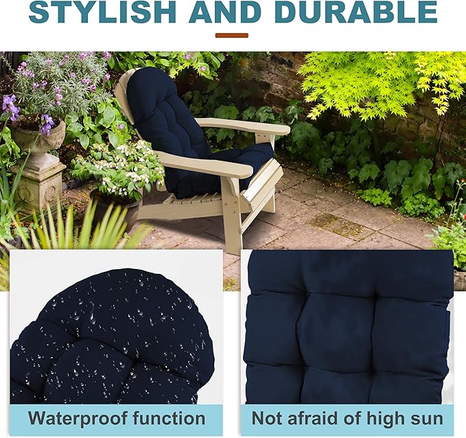 Large Adirondack Chair Cushion, Rocking Chair Cushion 50x20.8x4 inch, High Back Patio Cushions of Upper and Lower with Ties, Sunscreen and Fade-Resistant (Dark Blue, 2)