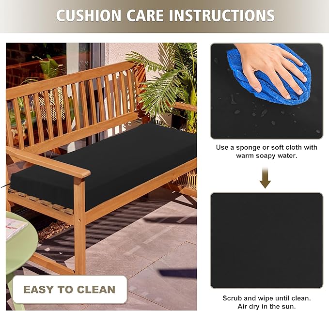 Outdoor Bench Cushion Waterproof 42"x18" – Fade-Resistant Patio Furniture Cushion with Ties for Porch Swing, Loveseat, or Indoor Bench Replacement, Black