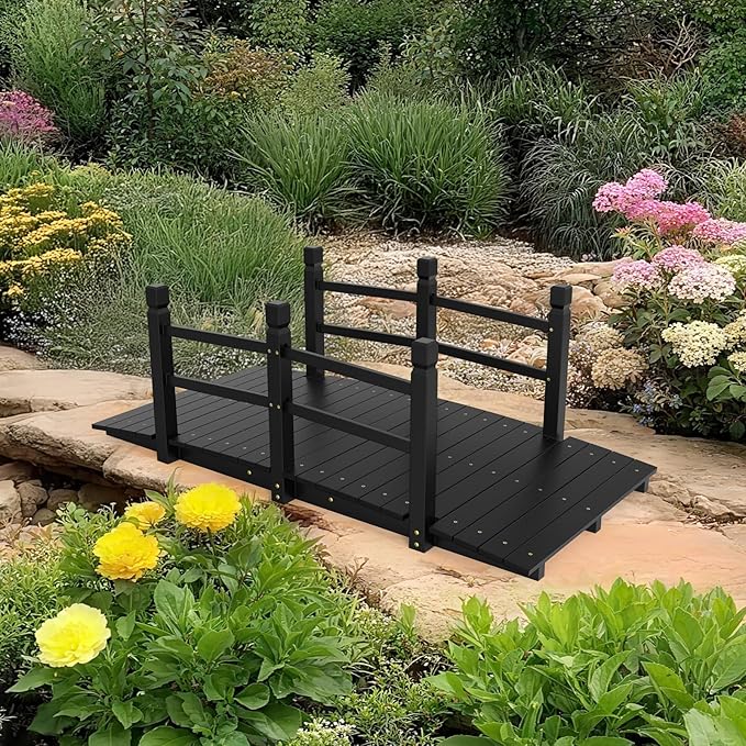 Outvita 5 ft Garden Wooden Bridge Arch Stained Finish with Safety Rails Outdoor Footbridge for Backyard Creek Farm, Decorative Pond Bridge