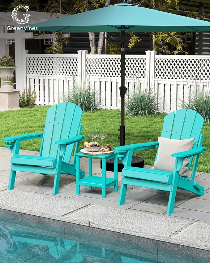 GREENVINES Folding-Adirondack-Chairs-Set-of-2 | HDPE Plastic | Fire Pit Chair | All Weather | Cup Holder | Aqua | for Deck Backyard Patio Outdoor Garden