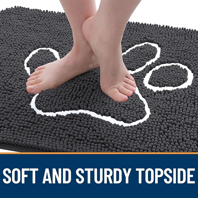 OLANLY Dog Door Mat for Muddy Paws 44x24, Paw Print Design, Absorbs Moisture and Dirt, Absorbent Non-Slip Washable Doormat, Quick Dry Chenille Mud Mat for Dogs, Entry Indoor Entryway Carpet, Dark Grey