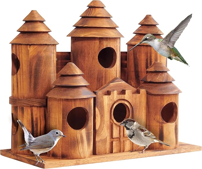 MIXUMON Wooden Bird Houses for Outside – 8 Rooms Castle-Style Bird House, Carbonized Pine Rustic Finish, 1.57" Entrance Holes, Decorative Outdoor Bird Nesting Box (Rustic, 8 Rooms)