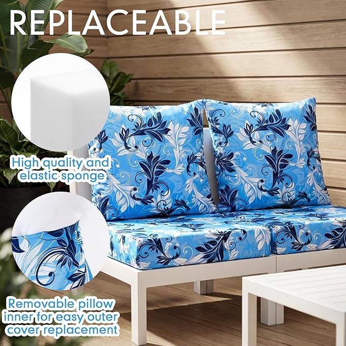 Hoteam 4 Set Outdoor Chair Patio Cushions Deep Seat Waterproof Chair Cushions 20 x 20 Inch for Patio Furniture Set Replacement Removable Seat and Back (Floral Scrolls)
