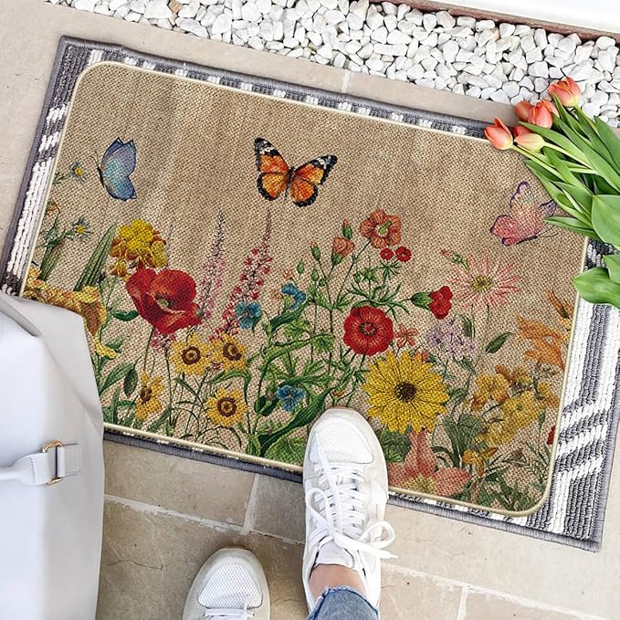 Artoid Mode Wood Flowers Butterfly Spring Doormat, Home Summer Decor Low-Profile Switch Rug Door Mat Floor Mat for Indoor Outdoor 24x35 Inch