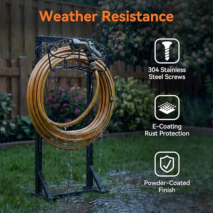 Garden Hose Holder Stand, Freestanding Metal Water Hose Storage Rack with Hooks for Outside Yard Lawn, Heavy Duty
