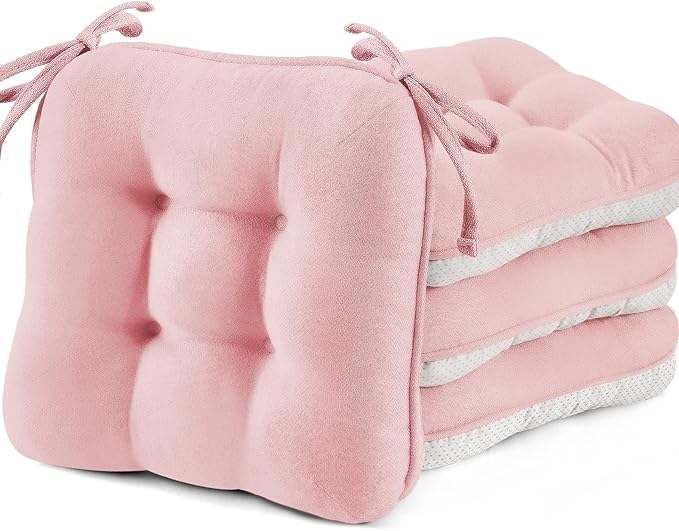 BETU Pink Chair Cushions for Dining Chairs Set of 4,3.5" Thick Kitchen Table Chair Pads with Ties,Non Slip Backing and Covers, Seat Cushion for Dining Room,Bar,Patio Chairs,16"X16"X3.5",Pink