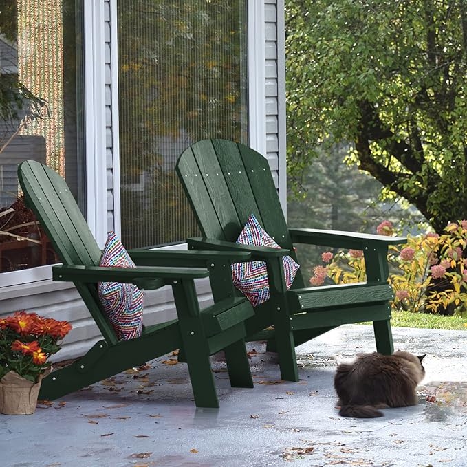 YEFU Adirondack Chair, Foldable Oversized Plastic Adirondack Chair Set of 4 with Cup Holder, Patio Chair with Weather Resistant for Outside Deck Lawn, Weight Capacity Up to 400 Lbs –Green