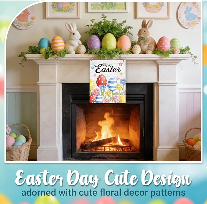Easter Welcome Sign for Front Door, Happy Easter Door Sign Decor, Floral Egg Rectangle Wood Sign Hanger for Outdoor Farmhouse Garden Porch Home - C04