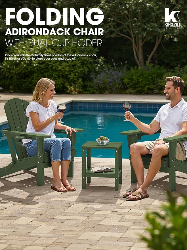 KINGYES Folding Adirondack Chair with Dual Cup Holders - HDPE All-Weather Outdoor Chairs, Wood-Like Patio Chair for Backyard, Camping, Pool & Fire Pit, Avocado Green
