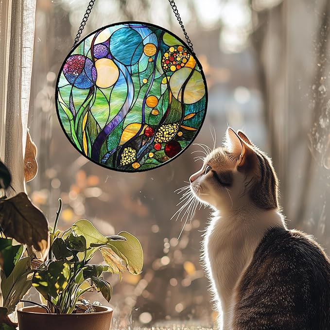Stained Glass Window Hanging Blue Ocean Water Plants Flower 7.8" - Suncatcher Door Garden Sun Catcher Home Decor Birthday Christmas for Mom Men Woman Nana Friend