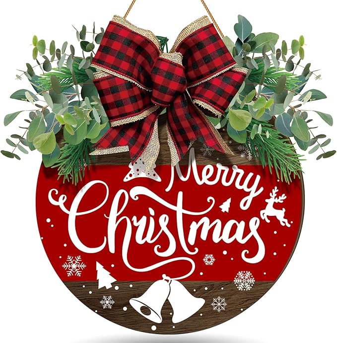 Boao Christmas Door Decorations Wooden Merry Christmas Welcome Front Door Sign Hanger with Red Buffalo Plaid Bow Xmas Wreaths for Outdoor Porch Farmhouse Decor