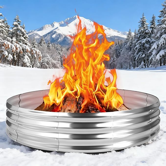 60 Inch Large Round Fire Ring Pit, Outdoor Bonfire Rings for Wood Burning, Galvanized Steel Fire Pit Portable for Backyard, Camping, Patio, Beach (5×5×1 FT, White)