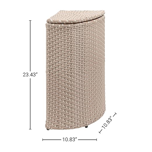 happimess HPM1200D Chloe 15.56-Gallon All-Weather Wicker/Metal Corner Hideaway Outdoor Trash Can, Light Pink/White, Classic, Coastal, Casual Wastebin for Backyard, Patio, Porch, Kitchen