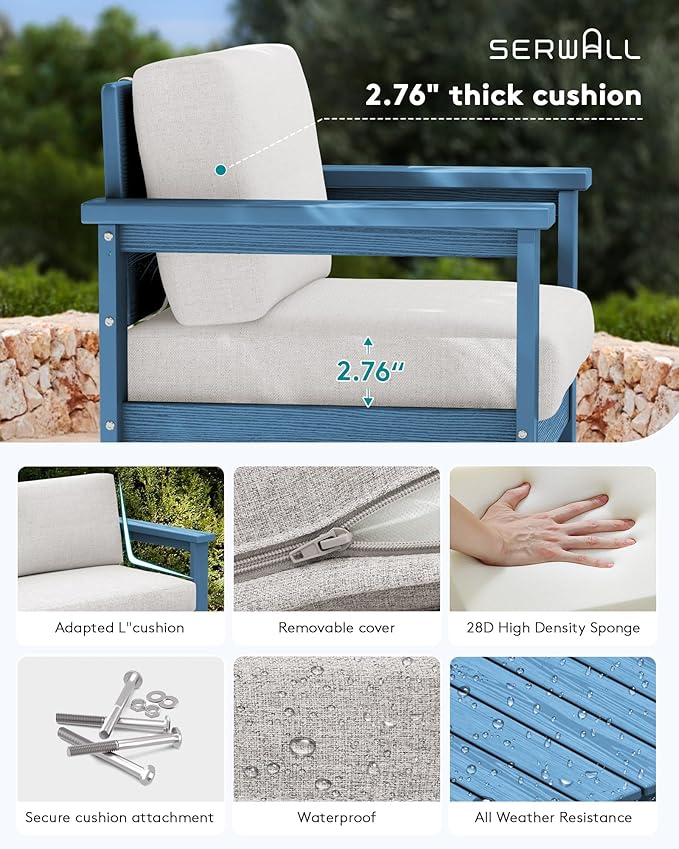SERWALL HDPE Outdoor Loveseat with Cushions, All Weather Use Outdoor Loveseat Sofa, Blue Frame with Khaki Cushions