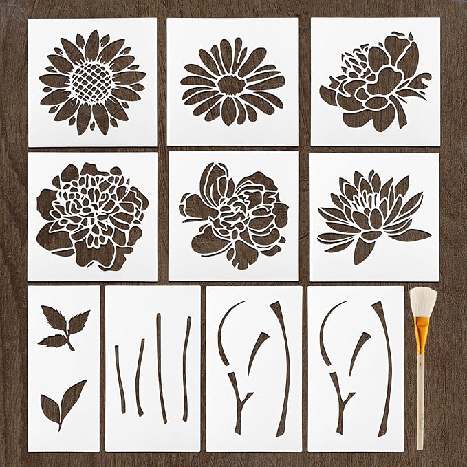 10PCS Large Flower Stencils for Painting, Wall Stencils for Painting, Giant Wall Stencil with Brushes Sunflower Floral Fence Stencil for Walls Garden Fence Furniture