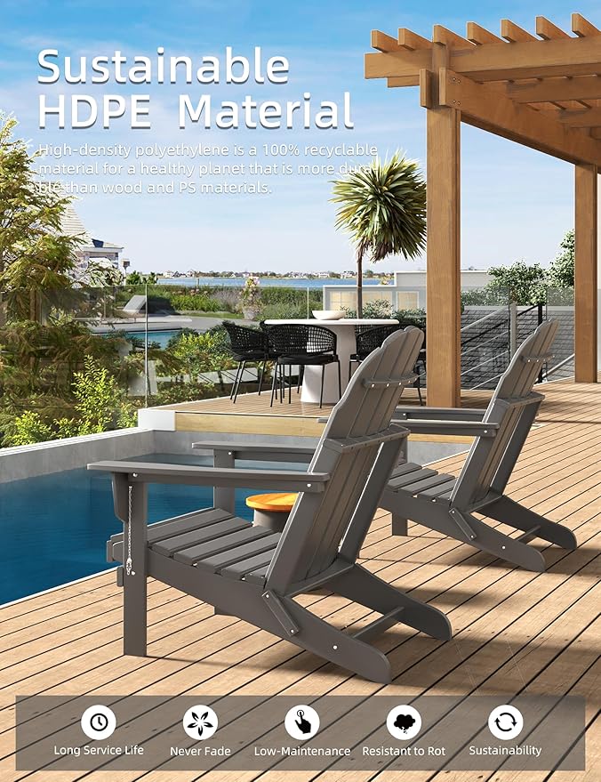 Folding Adirondack Chair - Durable HDPE Poly Lumber All-Weather Resistant, Foldable Oversized Balcony Porch Patio Outdoor Chair for Lawn, Backyard, Deck, Garden, Camping - Easy Installation, Gray