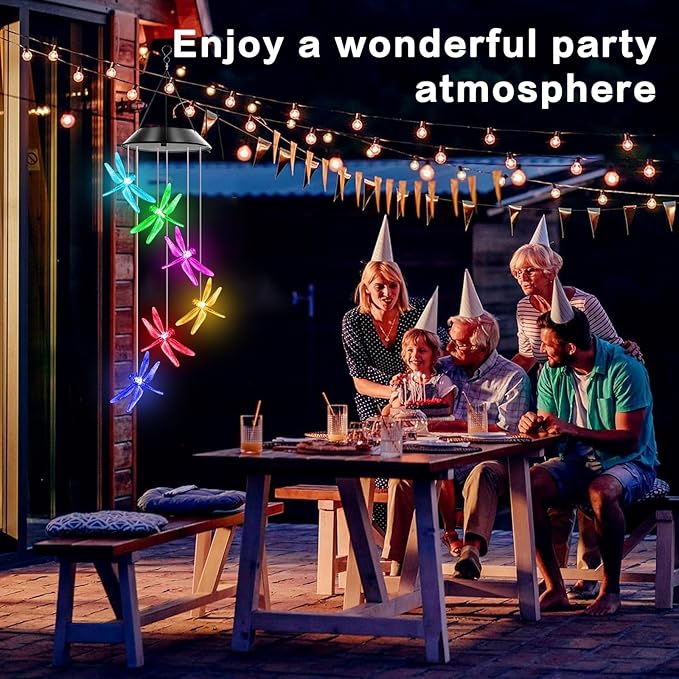 Dragonfly Solar Wind Chimes Outdoor, Color Changing Solar Lights, Gifts for Mom Grandma, Waterproof Decorative Mobile Light, Gardening Gift for Garden,Patio, Window, Yard, Outdoor Decor