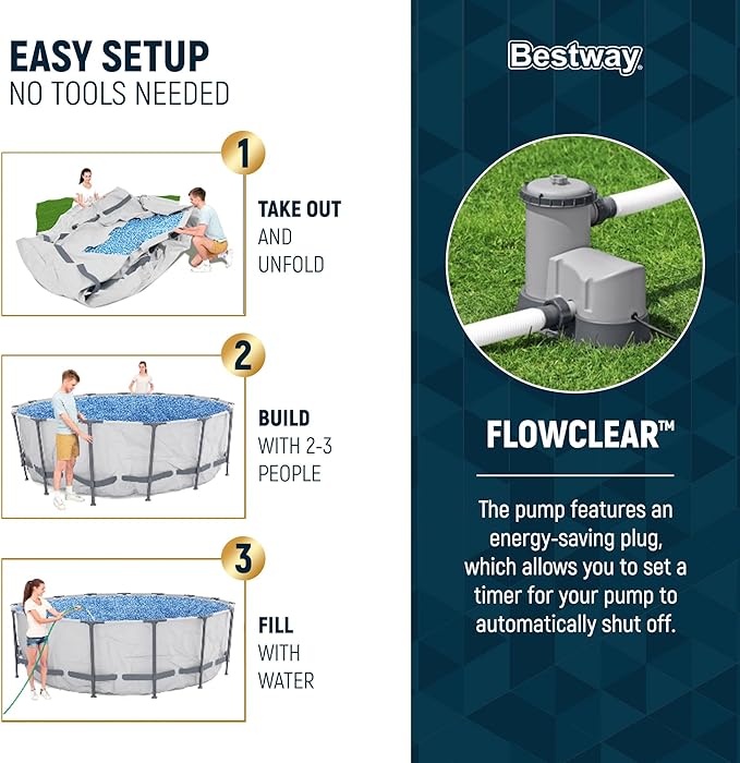 Bestway Steel Pro MAX 16' x 48" Above Ground Pool, Round Metal Frame Outdoor Swimming Pool Set with Filter Pump, Ladder, and Cover, Gray
