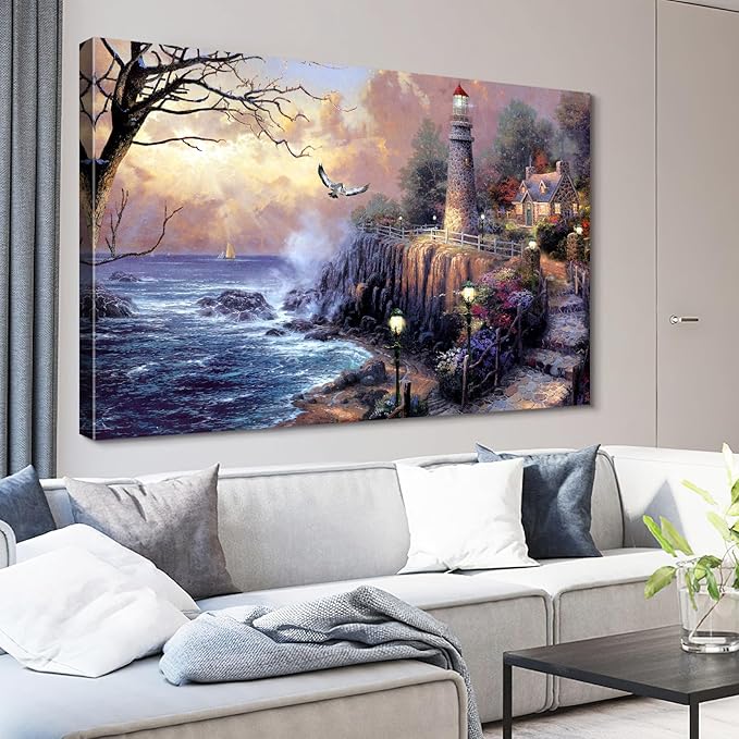 STUDIO HAVEN Thomas Kinkade Canvas Wall Art, Coastal Lighthouse Cottage Ocean Waves Glowing Beacon Seside Pathway Oil Painting Poster Landscape Wall Decor, Framed Prints for Home Decor, 16x12Inch