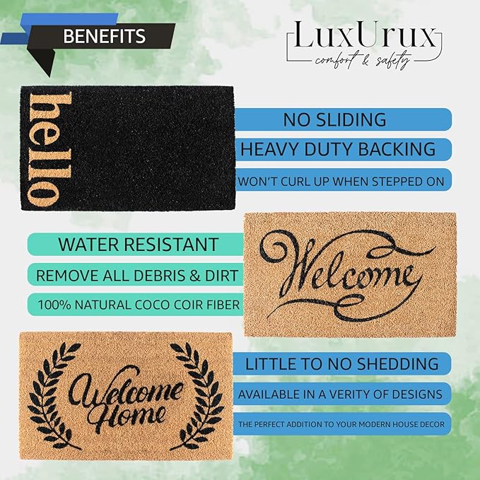 LuxUrux Welcome Mats Outdoor Coco Coir Doormat, with Heavy-Duty PVC Backing - Natural - Perfect Color/Sizing for Outdoor/Indoor uses. (17 x 36)