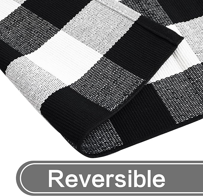 MUBIN Cotton Buffalo Plaid Rug, 4x6 ft Black and White Checked Outdoor Rug Front Door Decorative Mat, Hand-Woven Reversible Foldable Rug for Layered Door Mats Washable Carpet for Front Porch, Entryway