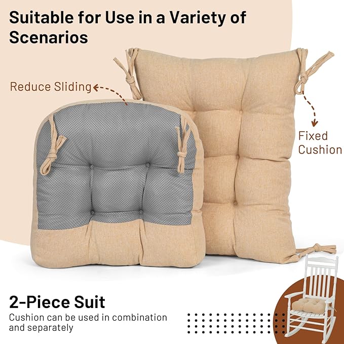 Lokex Rocking Chair Cushion 4 Inch Extra Thick, Cushions for Rocking Chairs Set of Seat and Back with Ties, Linen Fabric Indoor Outdoor Rocker, 17x21 & 17x17 Inches (Khaki)