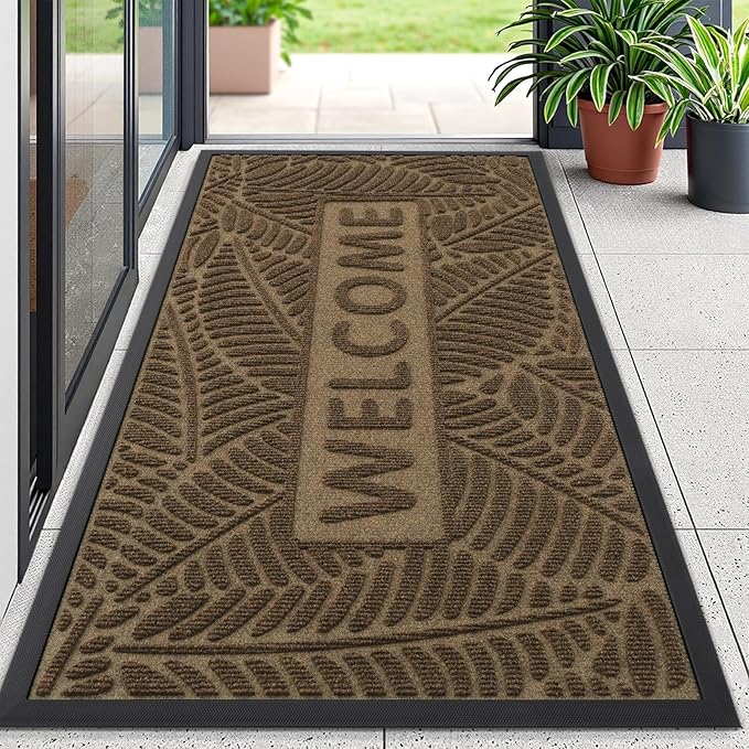 Smiry Welcome Mat Indoor Outdoor, All-Season Waterproof Front Door Mat, Sturdy Natural Rubber Doormat, Non-Slip, Easy Clean, Low Profile Dirt Trapper for Porch Patio Entrance, 59x34, Brown