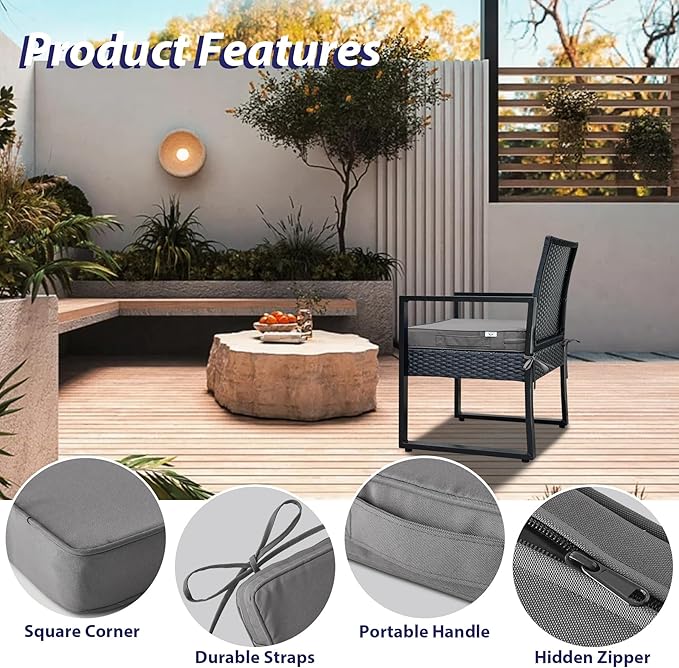 Outdoor Chair Cushions Set of 4,Waterproof Outdoor Seat Cushions for Patio Furniture,Patio Chair Cushion with Handle and Ties, Square Out Door Chair Pads,19" x 19" x 3", Darkgrey