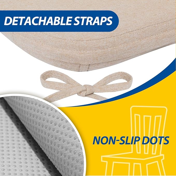 AAAAAcessories D-Shaped Chair Cushions, 2" Thick Dining Chair Pads with Ties and Removable, Machine-Washable Cover, 17" x 16", Set of 6, Oatmeal Beige
