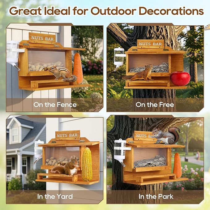 Nut Bar Squirrel Feeder, Squirrel Feeders for Outside, Extra Large 11.8" Squirrel Picnic Table Feeder with Water Bottle, Wooden Funny Chipmunk Feeder Box, No Assembly Required
