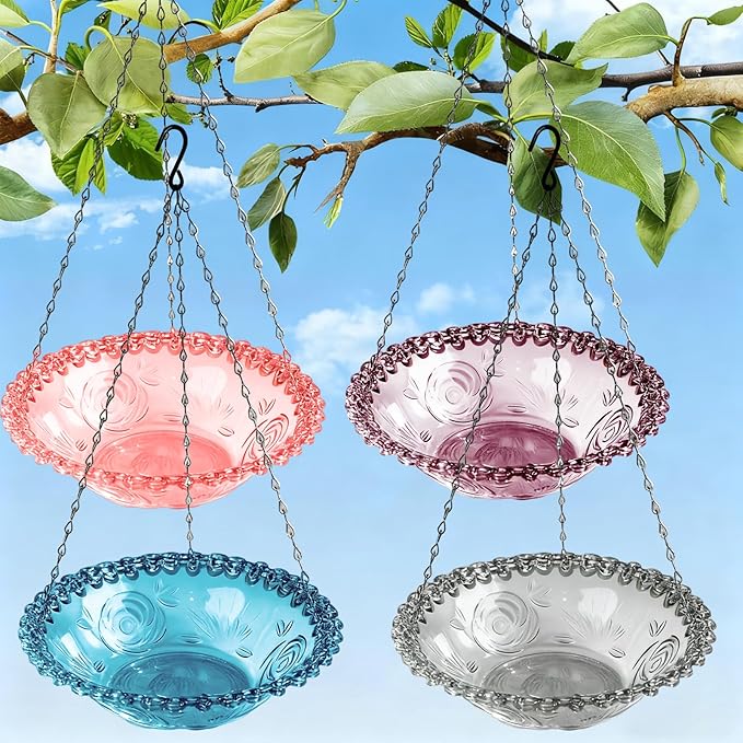 4 Pack Hanging Bird Baths Bowl Outdoor Bird Feeder 15.7 Inch Metal Chains, Weather-Resistant Hanging Bird Feeder & Bath Tray for Garden, Patio, Backyard Wildlife Decor