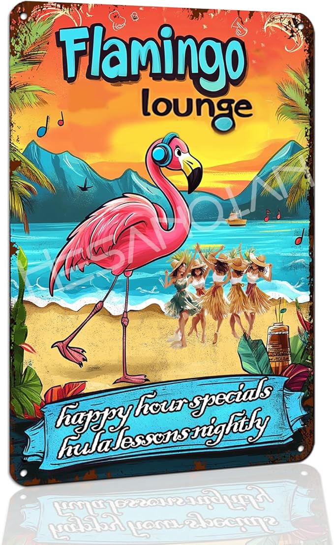 Flamingo Lounge Tropical Bar Sign - Hawaiian Beach Party Decor,Funny Pub Sign for Home, Poolside or Party Wall Art 8x12 Inch
