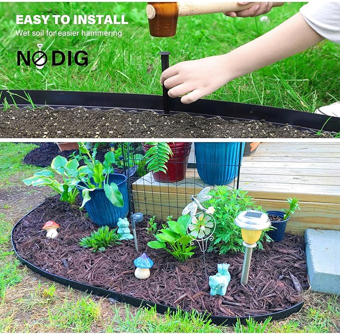 82FT Landscape Edging,1.5IN Tall Garden Edging Borders with 125pcs Stakes,Flexible Lawn Edging Border Kit,Mini Plastic Fence for Yard Flowerbeds,Grass-Black