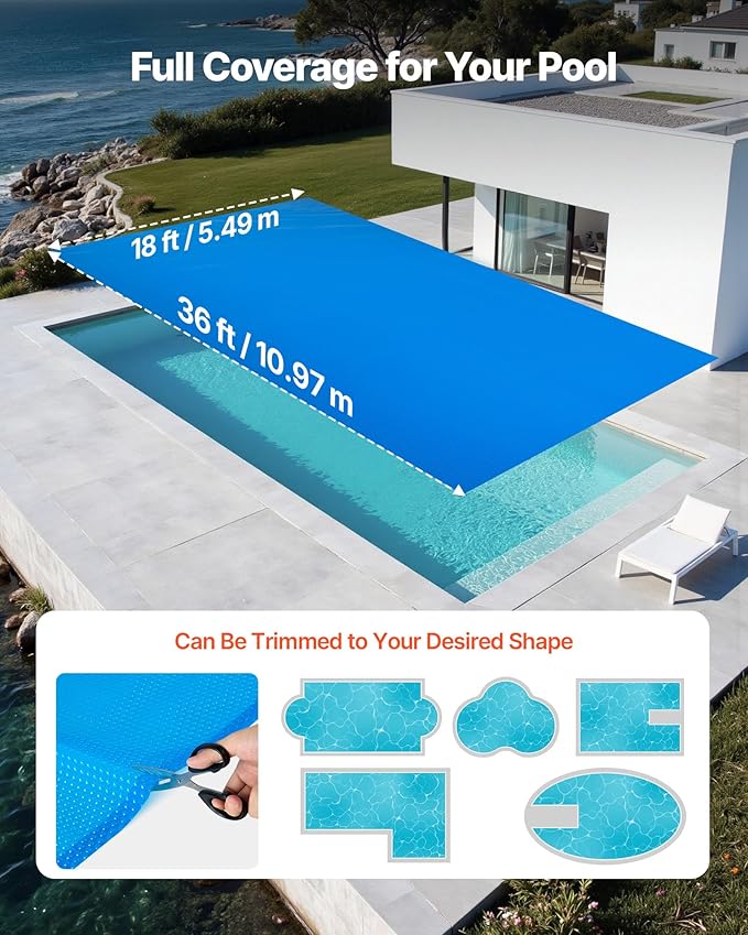 VEVOR Solar Pool Cover, 36 x 18 ft Rectangle Pool Bubble Cover, 8 Mil Pools Solar Blanket with Bubble & PE Material, Daytime Heat Absorption, Nighttime Heat Retention, Heat Retaining Solars Covers