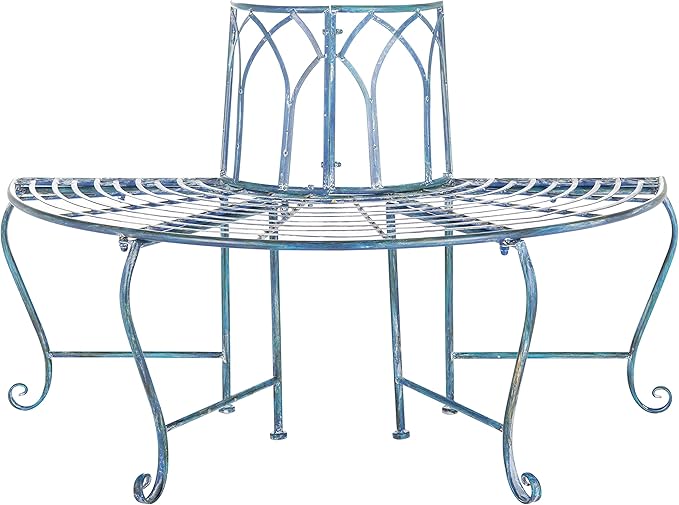 SAFAVIEH Outdoor Furniture Collection – Abia Antique Blue Distressed Wrought Iron 50-Inch Curved Tree Bench, Garden & Patio Seating (PAT5018C)