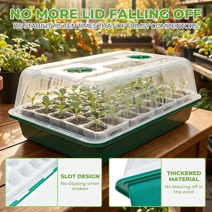 HIRALIY Seed Starter Tray Kits, Reusable Plant Germination Trays, Easy Transplanting, with Humidity Domes and Bases (Green, 40-Cells)