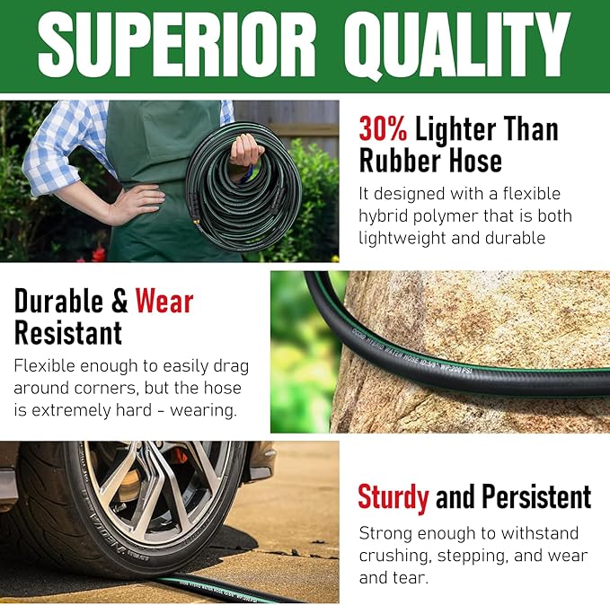 Heavy Duty Garden Hose 75ft with Nozzle, NON-EXPANDABLE Flexible Water Hose, Kink Resistant Lightweight Hybrid Hose, Leakproof Hose Male to Female Fittings