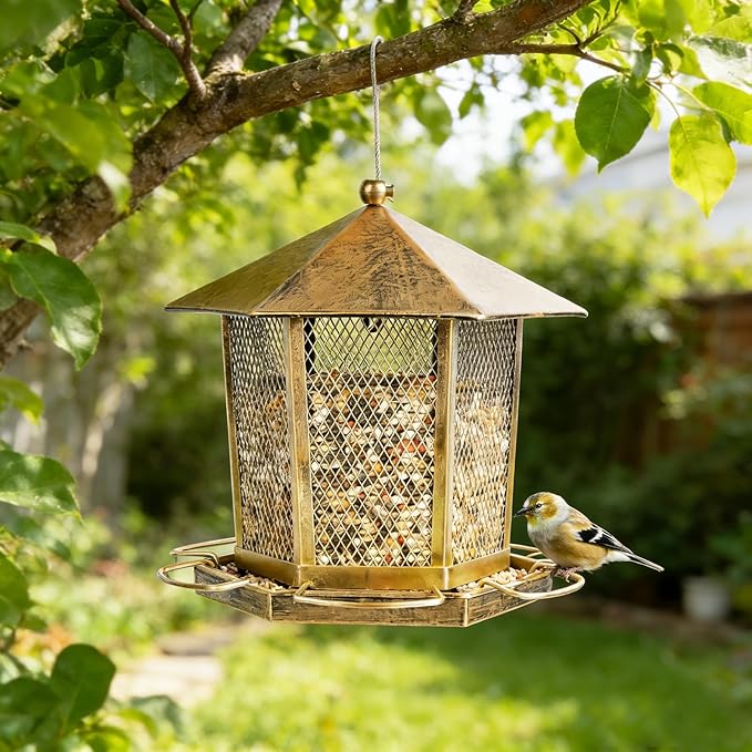 Wild Birds Feeder, Finch Bird Feeder for Outdoors, Metal Hexagonal Gazebo Birdfeeder for Garden Patio Outside Hanging