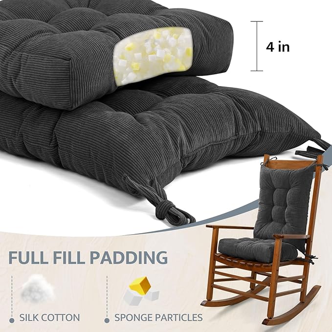 mudilun Rocking Chair Cushion Set - Non-Slip Tufted Rocking Chair Cushions with Ties Soft Indoor/Outdoor Wooden Rocking Chair Seat Pad for Porch Garden Cafe & Nursing